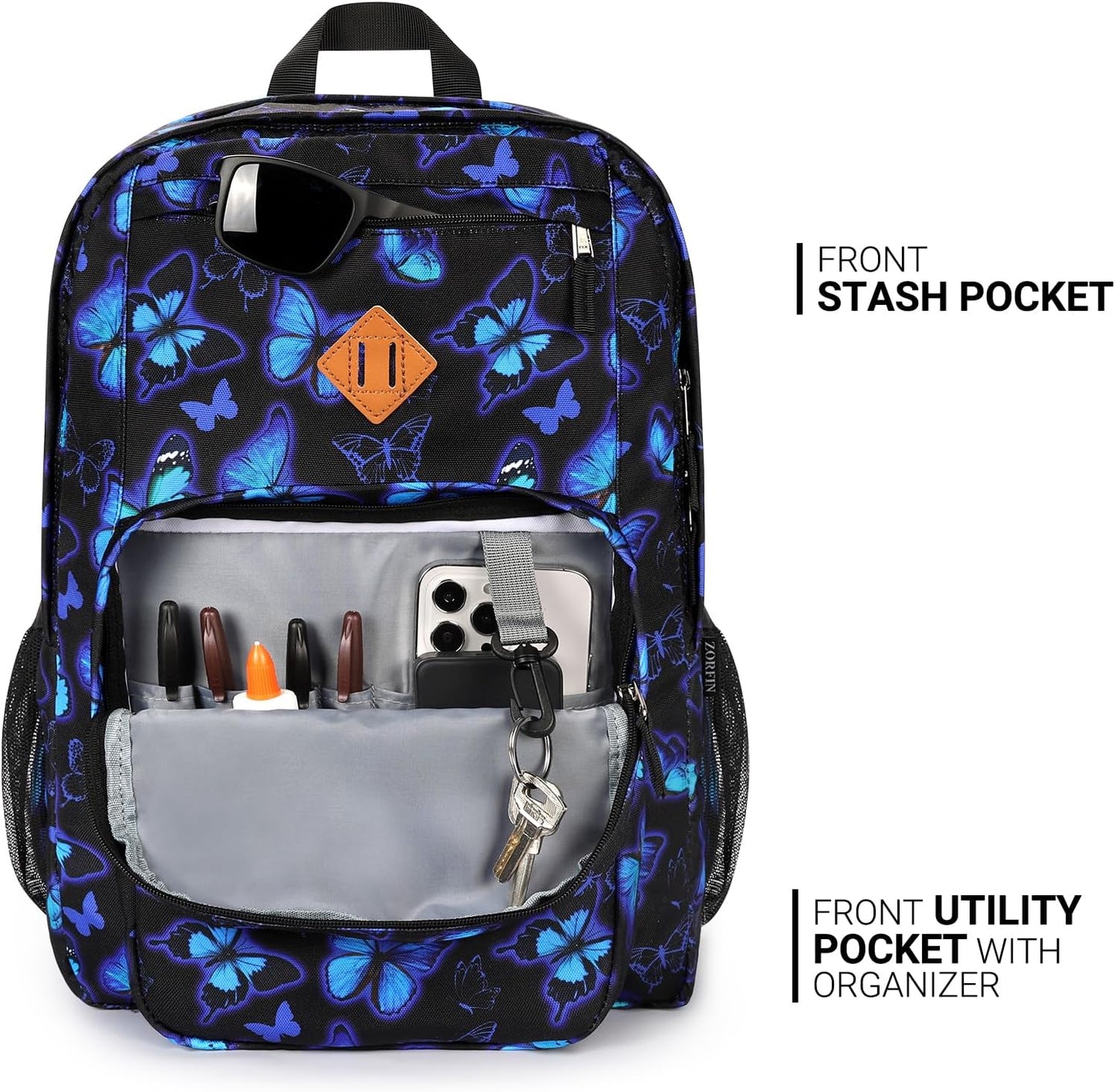 26L Backpack for School, College, and Travel: Water Resistant Bookbag with 8 Compartments - Butterfly Black
