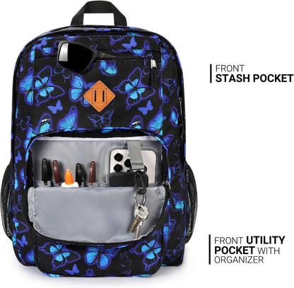26L Backpack for School, College, and Travel: Water Resistant Bookbag with 8 Compartments - Butterfly Black