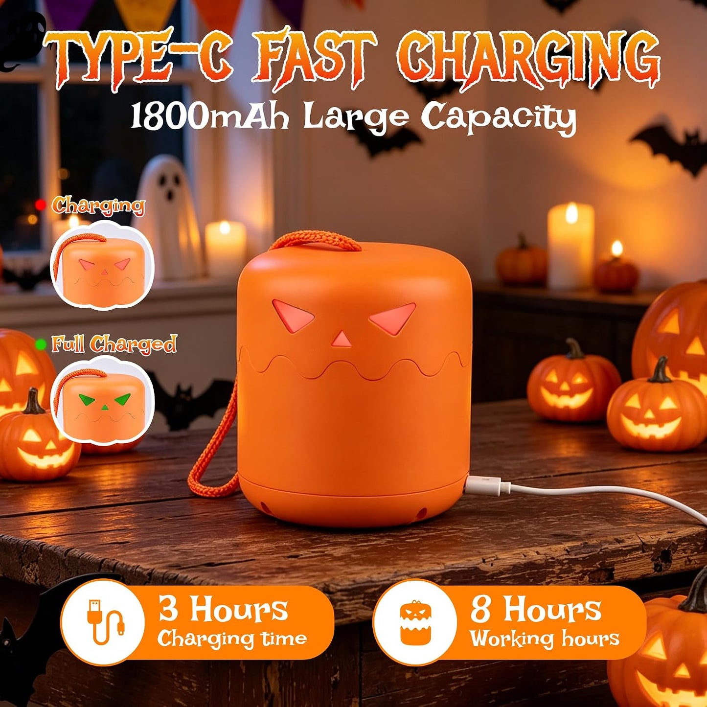 LED Halloween Pumpkin Lantern 2 Pack，Jack O Lantern with Lanyard
