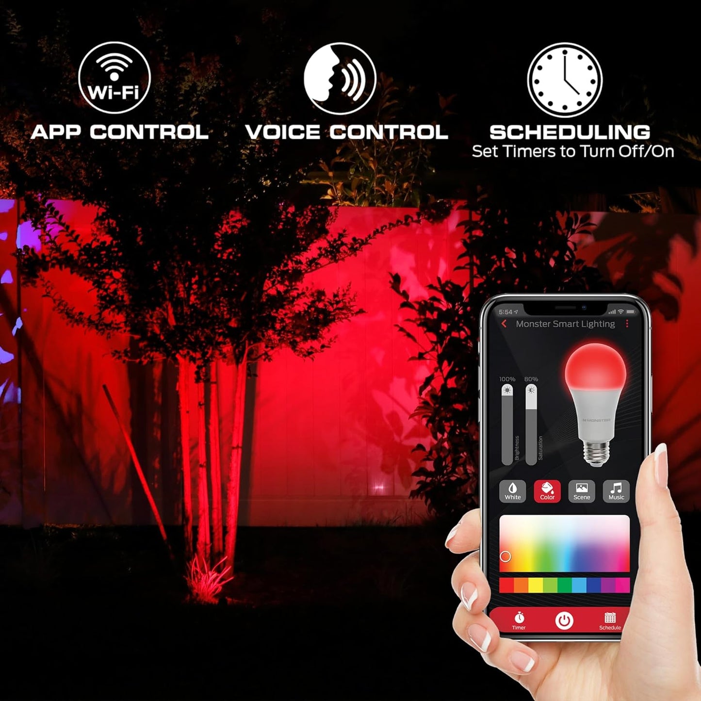 Monster Smart Outdoor RGB+IC+WW Spotlights 2 Pack, Dimmable LEDs, Sound Reactive, IP44 Water & Weather Resistant, Compatible with Alexa, Siri, Google Home, Monster App, Razer Chroma, Voice Controlled