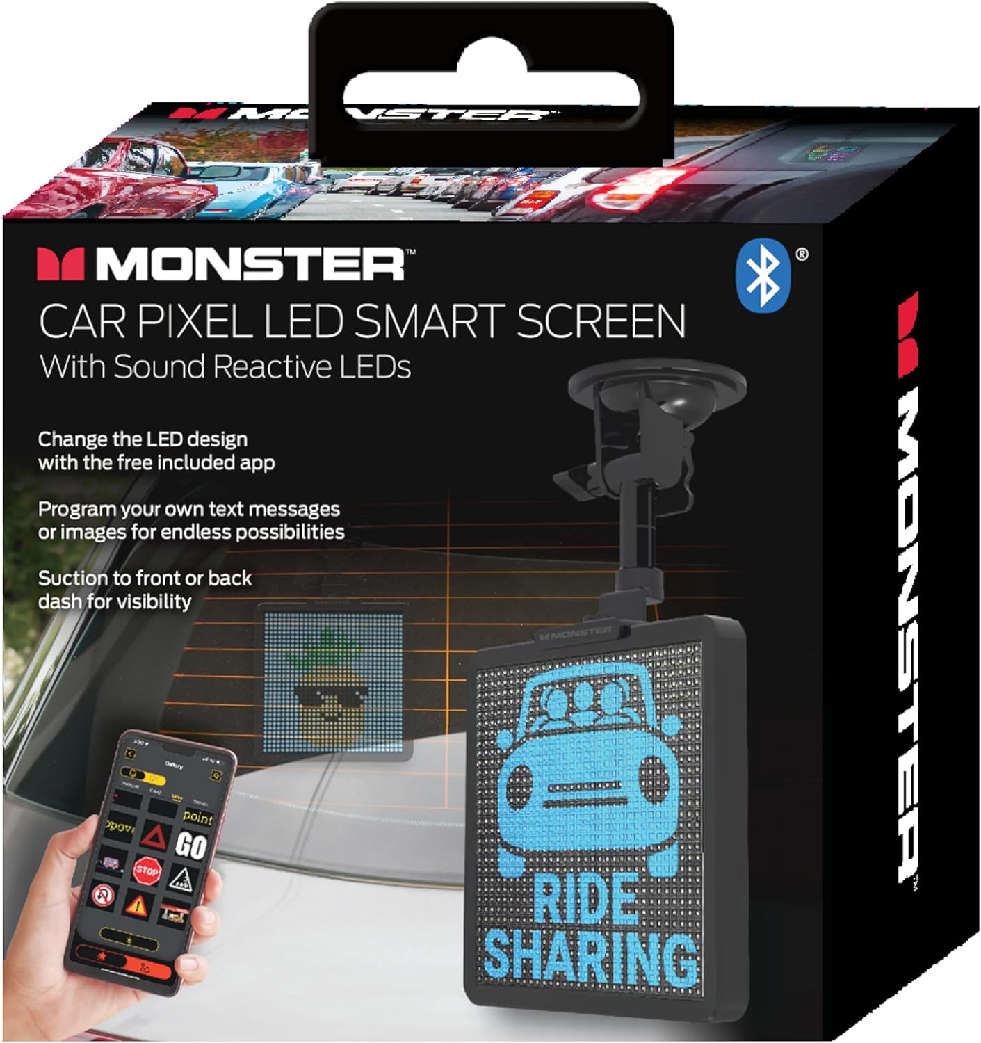 Monster Smart Pixel Display Screen for Cars, App Controlled Custom LED Text Pattern & Animation Screen, Sound Reactive, USB Powered, 6x6 in, 32x32 Pixels, Full Color Mobile Advertising & Ride Sharing