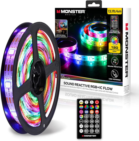 Monster 13.1vt Kleurvloei Veelkleurige LED-ligstrook, Binneshuis, Prettige Flitsmodus, Afstandsbeheer, Verdoofbaar, Selfklevend, Tydhouer, 120 RGB+IC LED's, USB-aangedrewe, Veelwit, Klankreaktief