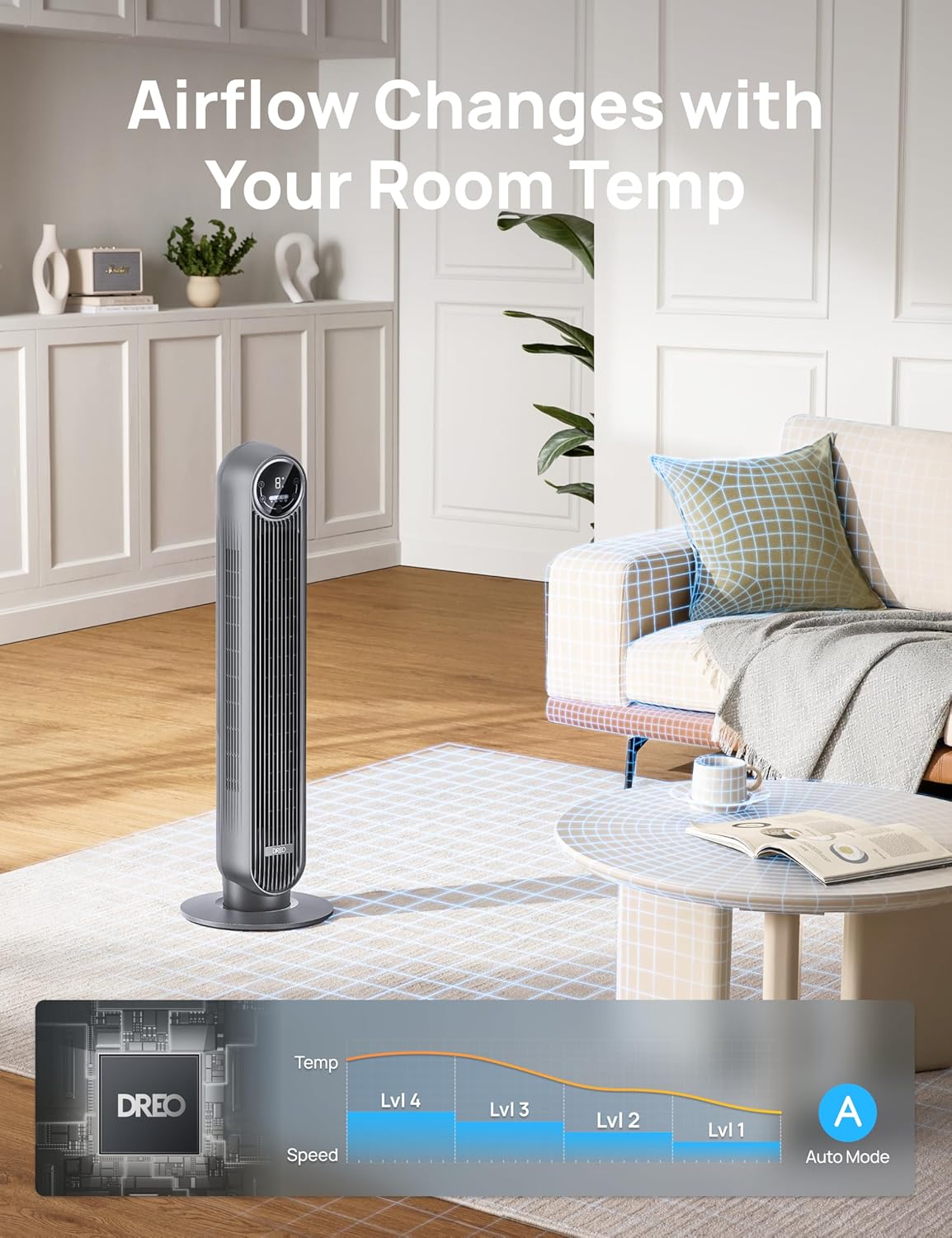Tower Fan 25ft/s Velocity Quiet Floor Fan, 90° Oscillating w/ 4 Speeds, 4 Modes, 8H Timer - Grey