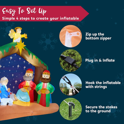 Joiedomi Kersfees Opblaas Nativity Toneel, Kersfees Opblaas Nativity Stel met Ingeboude LED's vir Kersfees Partytjie Werf Buiten Binnenshuise Tuin Grasperk Dekor