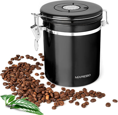 Mixpresso 16 Oz Swart Koffiehouer, Vlekvrye Staal Lugdigte Koffiehouer, Lugdigte Houer Vir Teeberging Met Datumspoorder, Vakuumverseëlde Espresso Lugdigte Houer, Suikerhouer Vir Die Huis