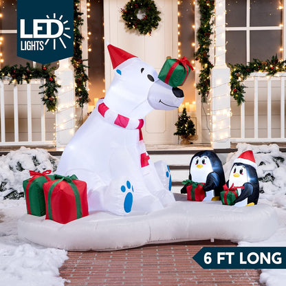 (6 FT) Long Christmas Inflatable Decoration Polar Bear & Penguins w/ Build-in LEDs, Blow Up Inflatable Holiday Season Decoration