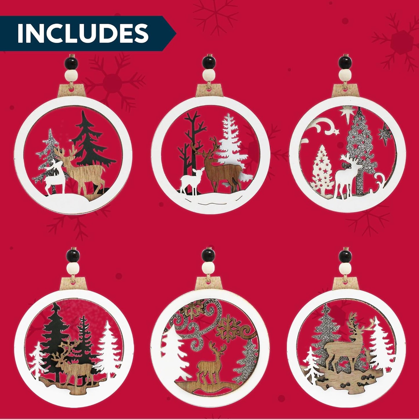 (6PCS) Christmas Wooden Ornaments Farmhouse Rustic Reindeer, Hanging Wood Ornaments - Classic