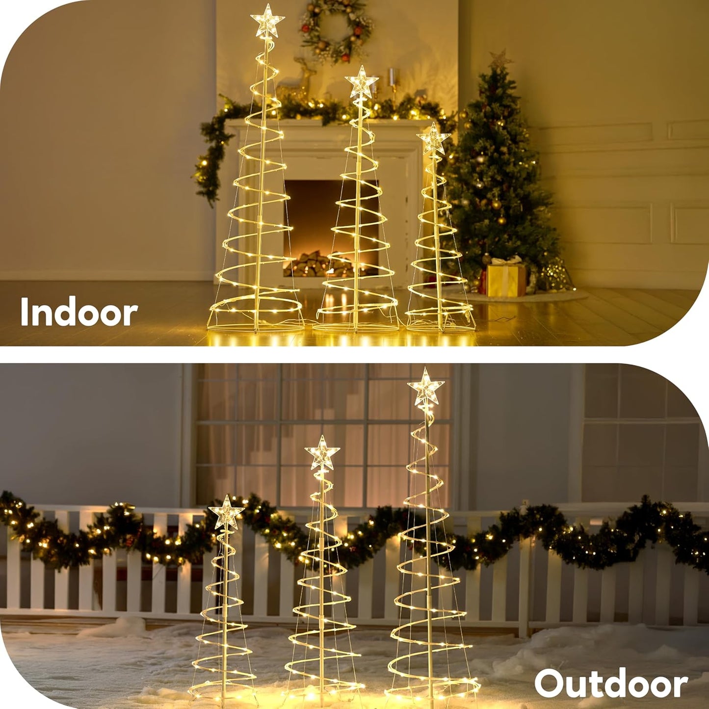 (3 Pack) Spiral Christmas Tree Lights, 218 LED Outdoor Lighted Tree with Star Topper & Stakes, Christmas Decorations - Warm White