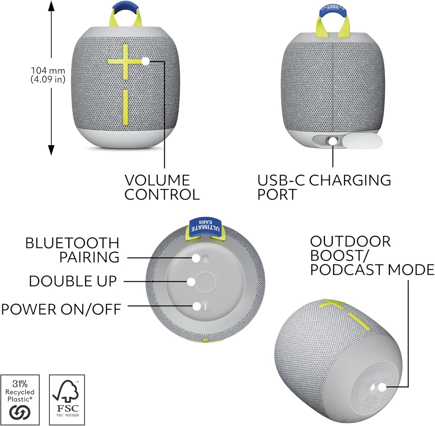 Ultimate Ears WONDERBOOM 4 Outdoor Speakers Bluetooth Waterproof with Big Bass & 360-Degree Sound, Dustproof Floating Wireless Speaker, 131ft Range - Gray