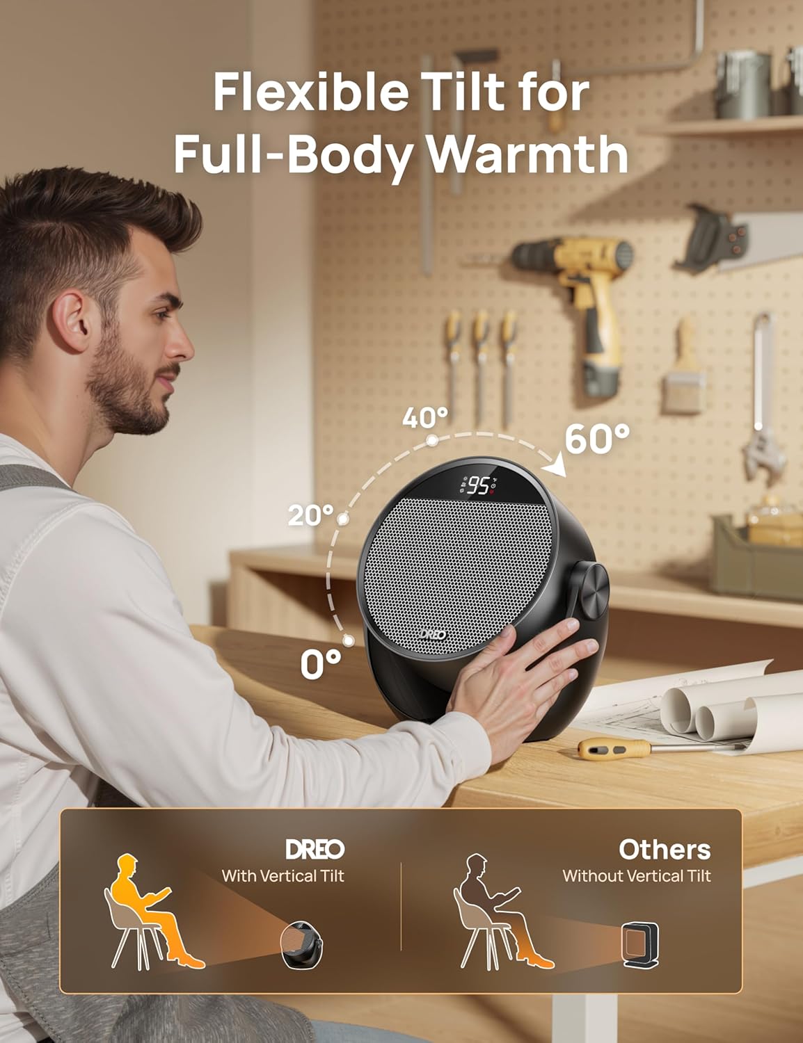 Ruimteverwarmer 1500W, 60° Verstelbare Kanteling, 3.2m/s Draagbare Elektriese Verwarmers vir Binnegebruik m/ Termostaat, 8 Veiligheidsbeskermings, 3 Modusse, Afstandbeheer - Swart