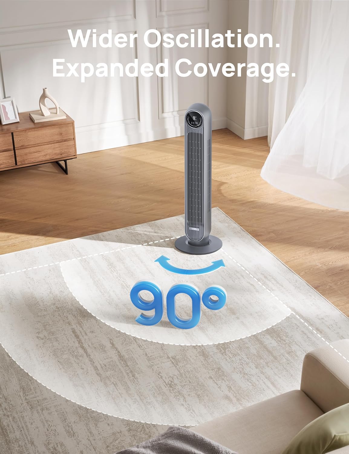 Tower Fan 25ft/s Velocity Quiet Floor Fan, 90° Oscillating w/ 4 Speeds, 4 Modes, 8H Timer - Grey