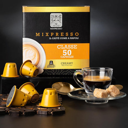 Mixpresso Classe Koffie-Espresso Kapsules Versoenbaar Met Nespresso Oorspronklike Brouers, Enkelkoppie Koffiepeule 100% uit Italië, Medium Gebraaide 80% Arabica Espresso, 50 Tellings Koffiekapsule Intensiteit 8/12
