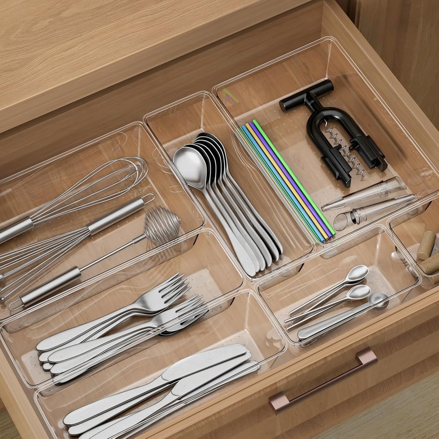 12-Stuk Deursigtige Laai-organiseerderstel, 3 Groottes Badkamer-wasbak organiseerderbakkies en Bergingshouers vir Grimering, Skoonheidsmiddels, Juweliersware en Toebehore. Ideaal vir Kantoor-, Kombuis-, Slaapkamer-, Badkamergebruik.