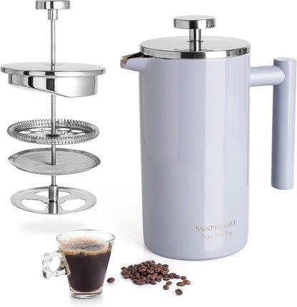 Mixpresso Ligblou Vlekvrye Staal Franse Pers Koffiemaker 26 Oz 770 ml, Dubbelwand-geïsoleerde Franse Pers Vlekvrye Staal, Maklik Skoon Teebrouer, Maklike Druk Duursame Metaalkoffiepers