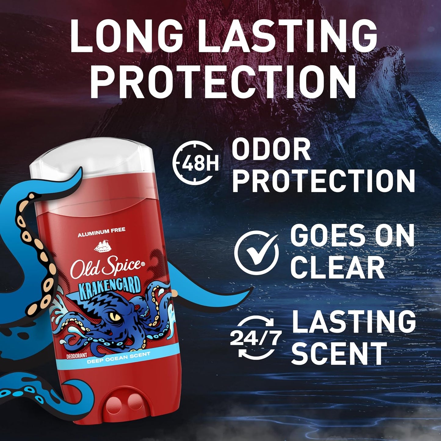 Old Spice Aluminum Free Deodorant for Men, 24/7 Odor Protection, 24/7 Freshness & Lasting Scent - Krakengard w/ Deep Ocean Scent (Pack of 3)