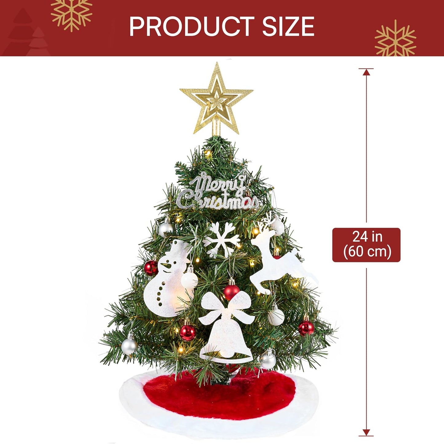 24"/2FT Small Christmas Tree w/ Lights Star Tree Top and Ornaments - Battery Operated Pre-lit