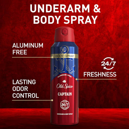 Old Spice Aluminum Free Body Spray for Men, 24/7 Odor Protection, Cologne Quality Scent, Captain w/ Bergamont Scent (Pack of 3)