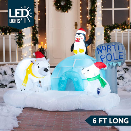 (6FT) Long Christmas Inflatable North Pole w/ Build-in LEDs, Blow Up Polar Bears & Penguin Holiday Season Decorations