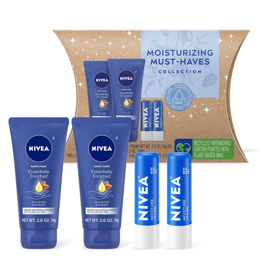 NIVEA Bevogtigende Noodsaaklike Velsorgstel, Essensieel Verrykte Handroom met Amandelolie en Karitébotter, 75 g Buise (Pak van 2) + Voglipversorging Lippomade, 4,8 g Stiffie (Pak van 2)