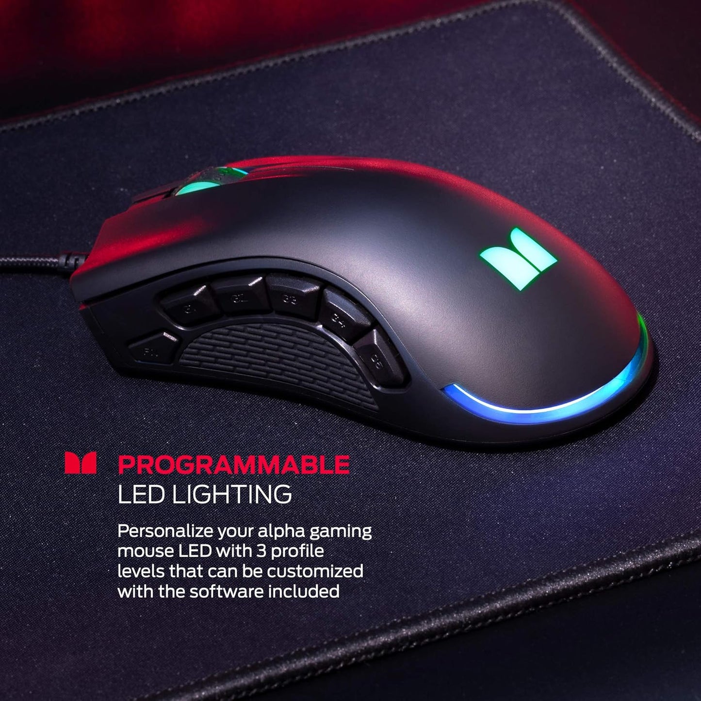 Monster Alpha 9.0 RGB Wired Gaming Mouse, Customizable Buttons, Programmable LED Lighting, True 16,000 Adjustable DPI, Ergonomic Optical PC Gaming