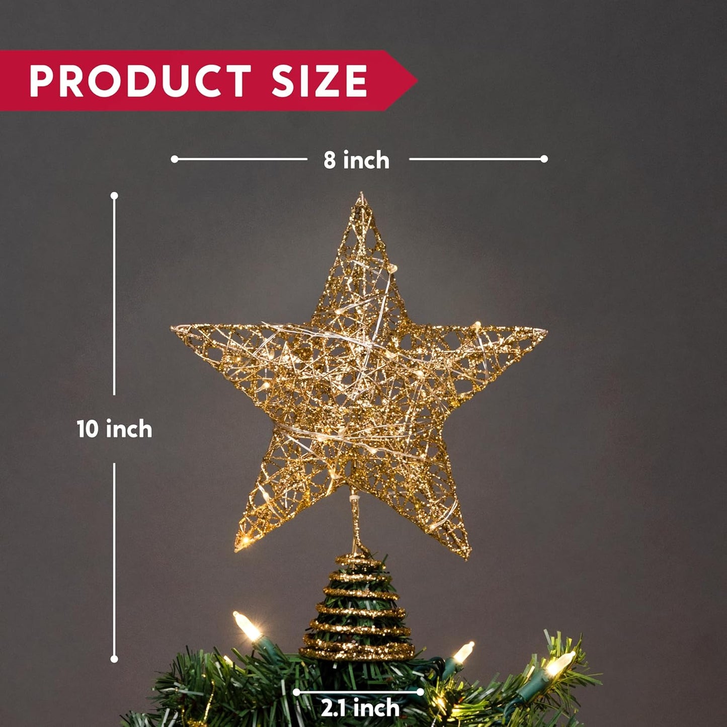 8" Kersfees Goue Glitters Ster Boomtoppe Metaal Verlig met 20 LED-ligte Versierings