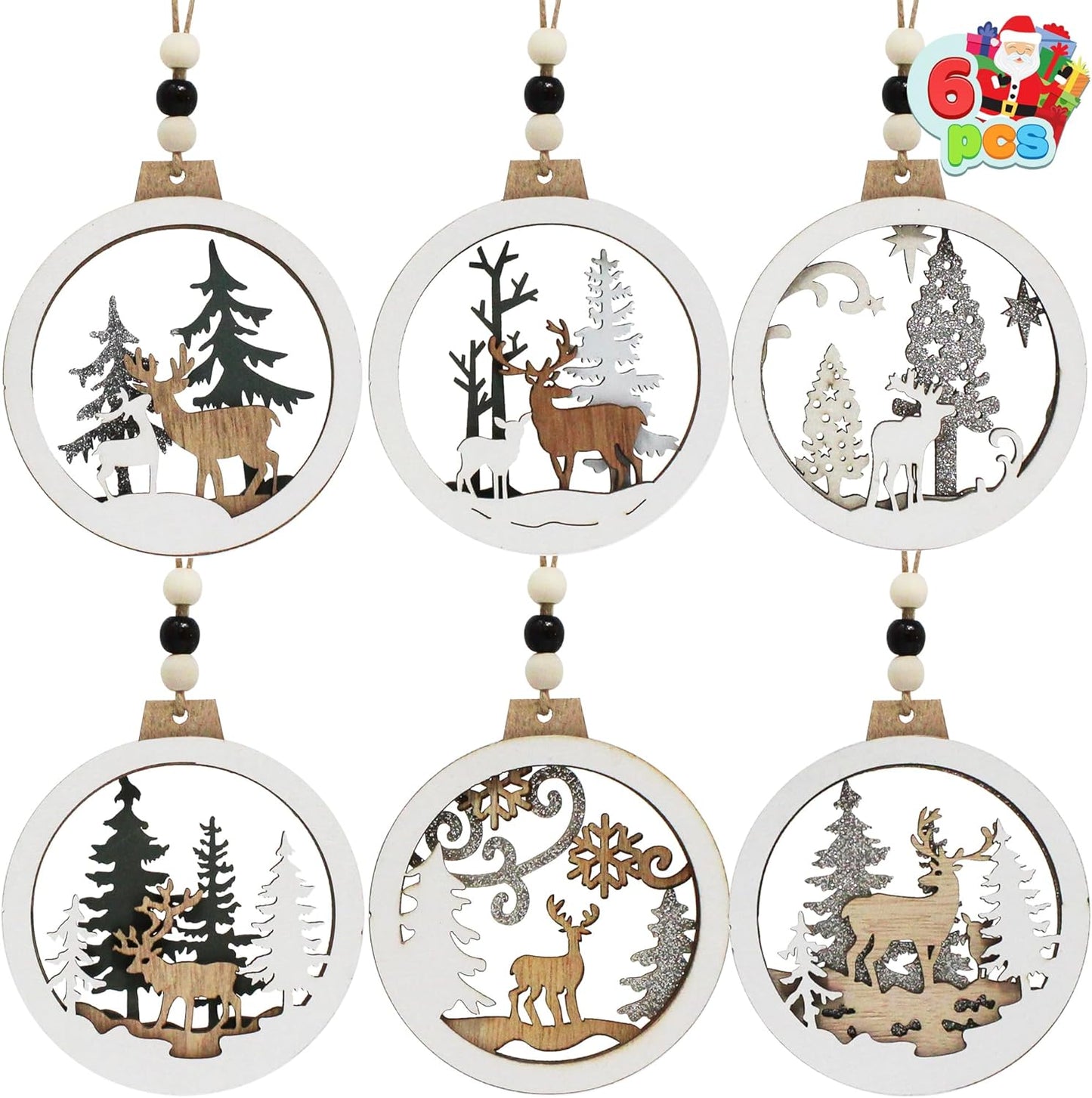 (6PCS) Christmas Wooden Ornaments Farmhouse Rustic Reindeer, Hanging Wood Ornaments - Classic