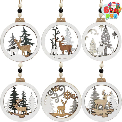 (6PCS) Christmas Wooden Ornaments Farmhouse Rustic Reindeer, Hanging Wood Ornaments - Classic