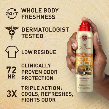 Old Spice Whole Body Deodorant Spray for Men, Aluminum Free - Vanilla + Shea Scent Dermatologist Tested 3.5 oz (2PK)