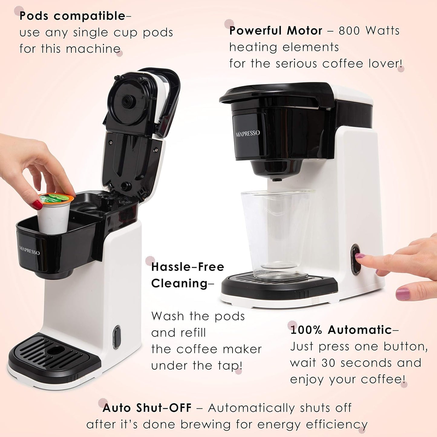 Mixpresso Enkelkoppie Koffieblaaier - Vinnige Brou, Een-Druk-Funksie, 350ml Eenkoppie Koffiemaker