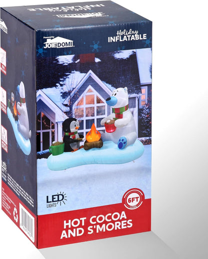 (6FT)  Long Christmas Inflatable Polar Bear and Penguin w/ Campfire, Blow Up Yard Decoration Build-in LEDs Winter Décor