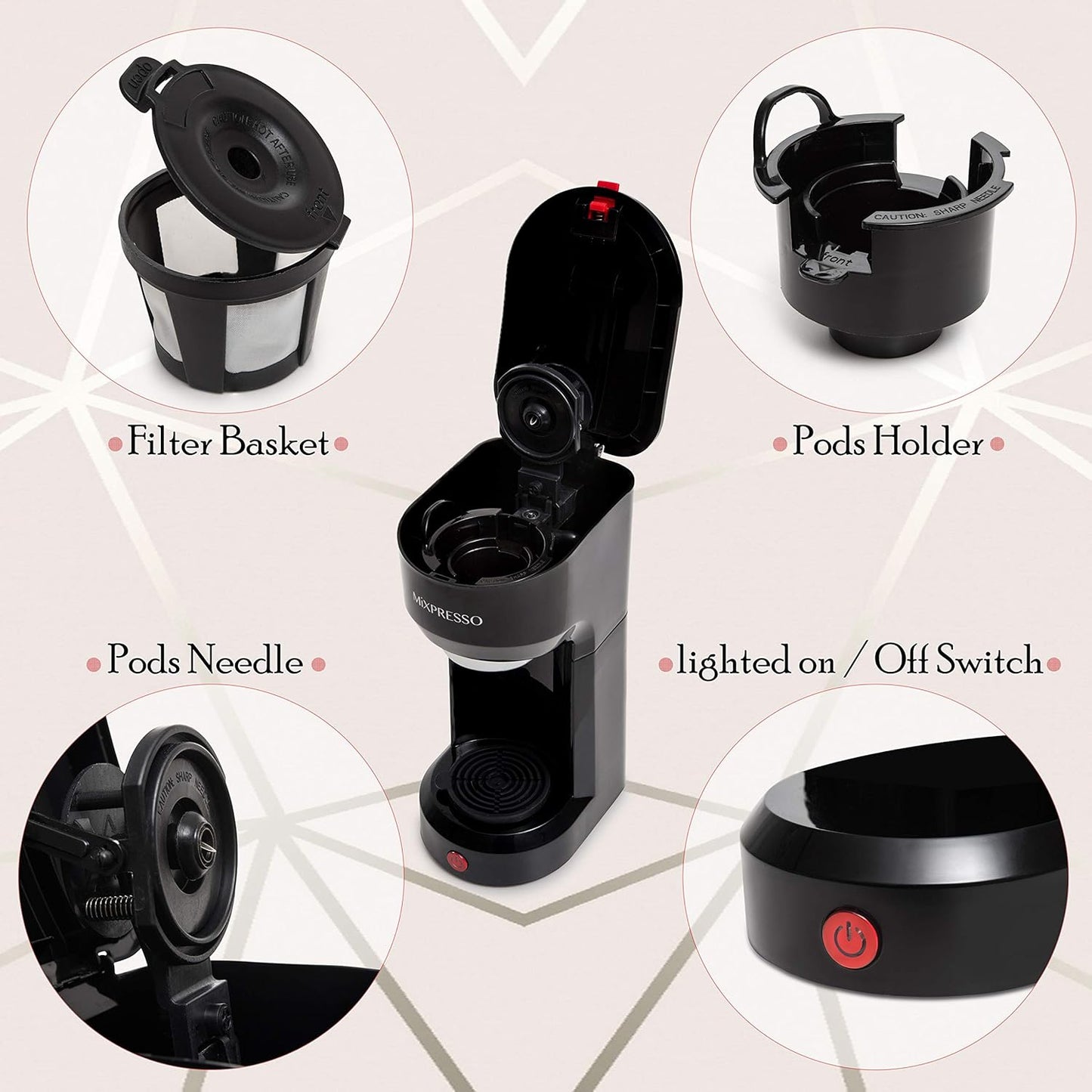 Mixpresso 2-in-1 Koffiemaker – Enkelbedien- en Filterkoffiebrouer, Kompakte Persoonlike Koffiemasjien vir Peule en Los Koffie, Vinnige Brou 414 ml Draagbare Klein Koffiemaker, Swart