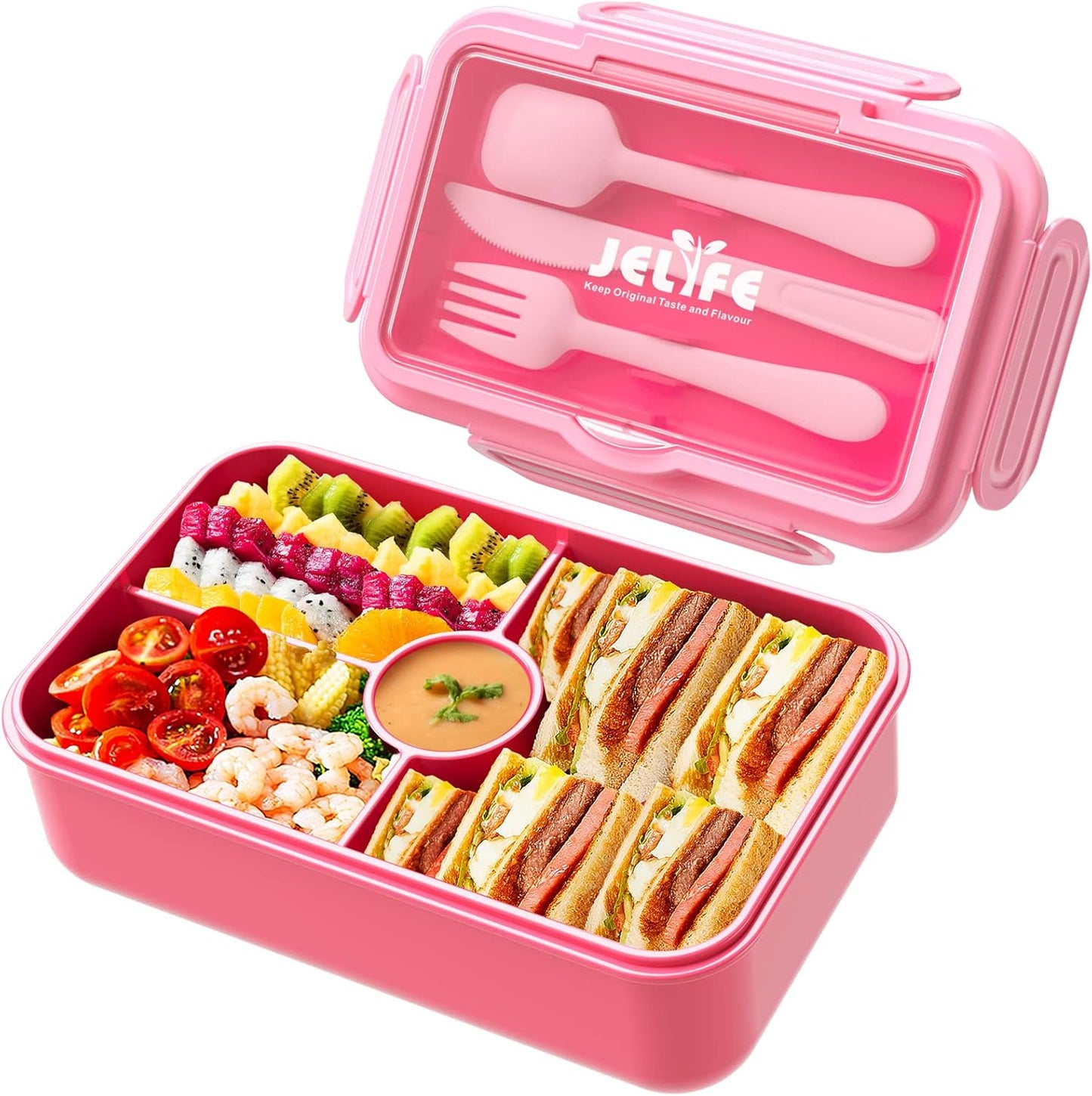 Large Bento-Style Leakproof Boxes 4 Compartments Snack Containers w/ Tableware Reusable On-the-Go Meal - Pink