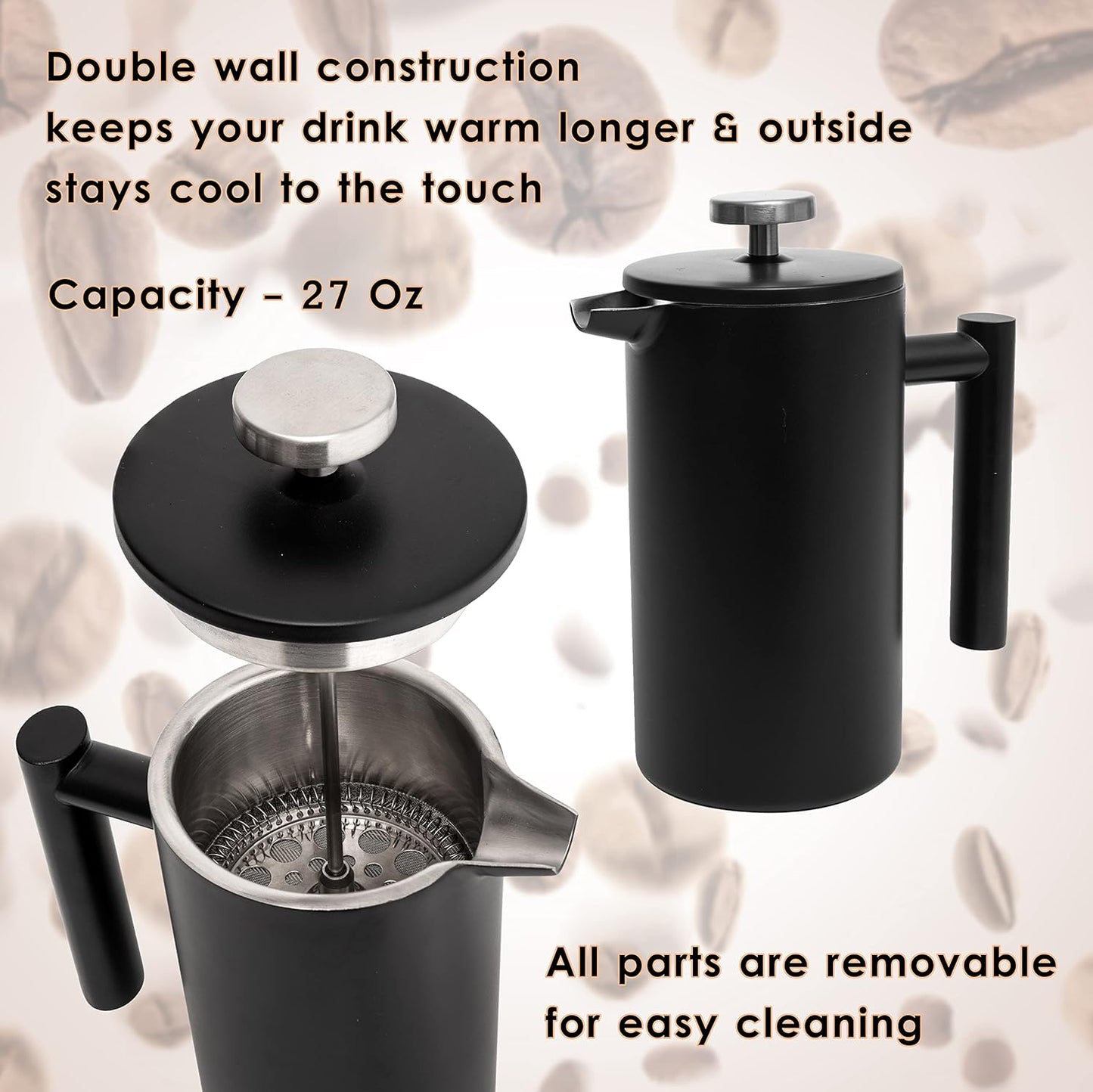 Mixpresso Swart Vlekvrye Staal Franse Pers Koffiemaker 770 ml, Dubbelwand Geïsoleerde Franse Pers Vlekvrye Staal, Maklik Skoon Teebrouer, Maklik Drukbare Duursame Metaal Koffiepers