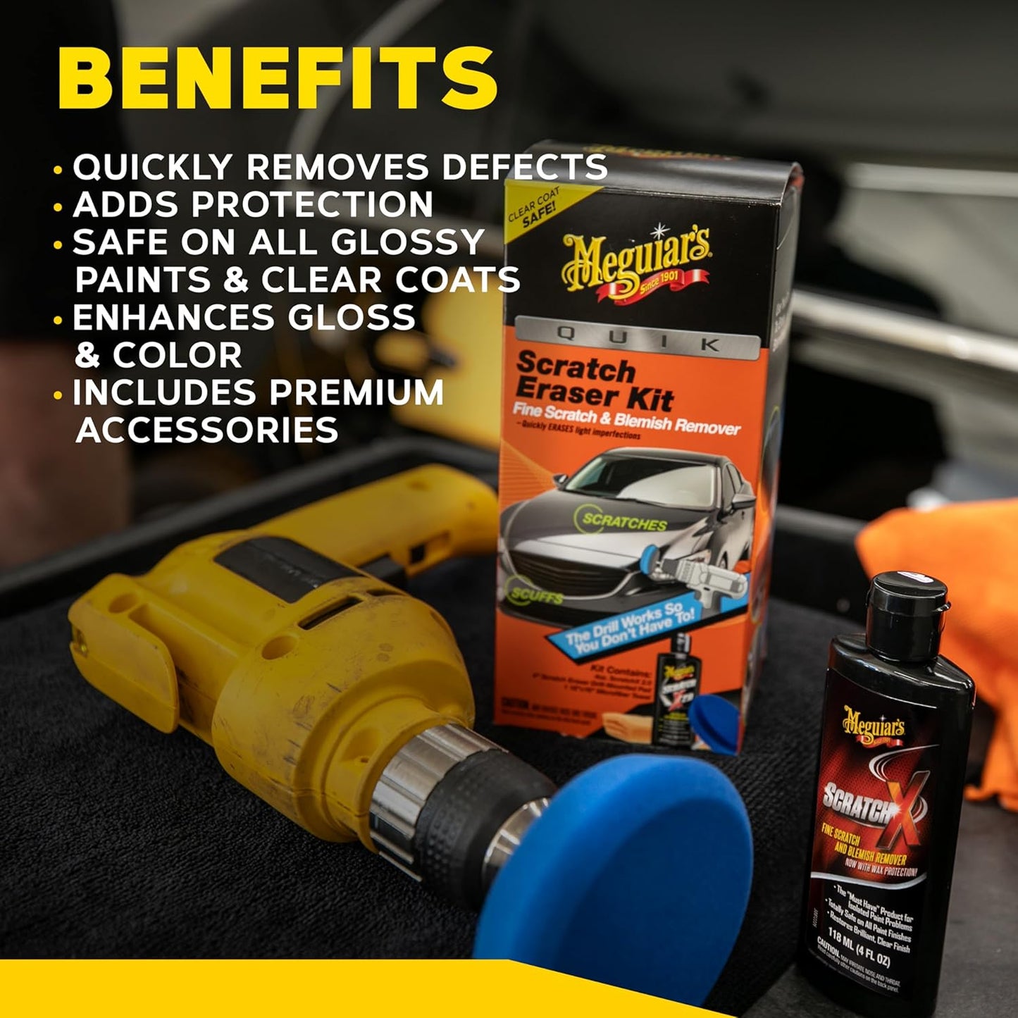 Meguiar's Quik Scratch Eraser Kit, Karsskrapverwyderaar om Oppervlakkige Merke te Herstel, Sluit ScratchX, Boormontering-Pad, en Mikroveselhanddoek in