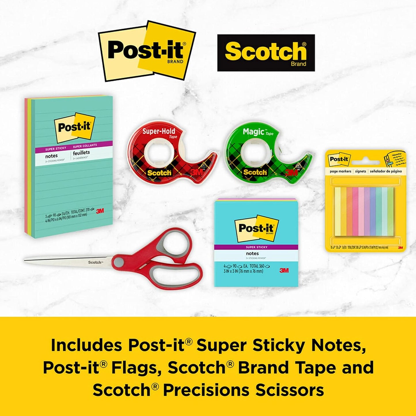 Back to School and Office Supplies -Post-it and Scotch Essentials Pack Includes Post-it Super Sticky Notes, Flags, Scotch Magic and Super Hold Tape, and Multi-Purpose Scissors