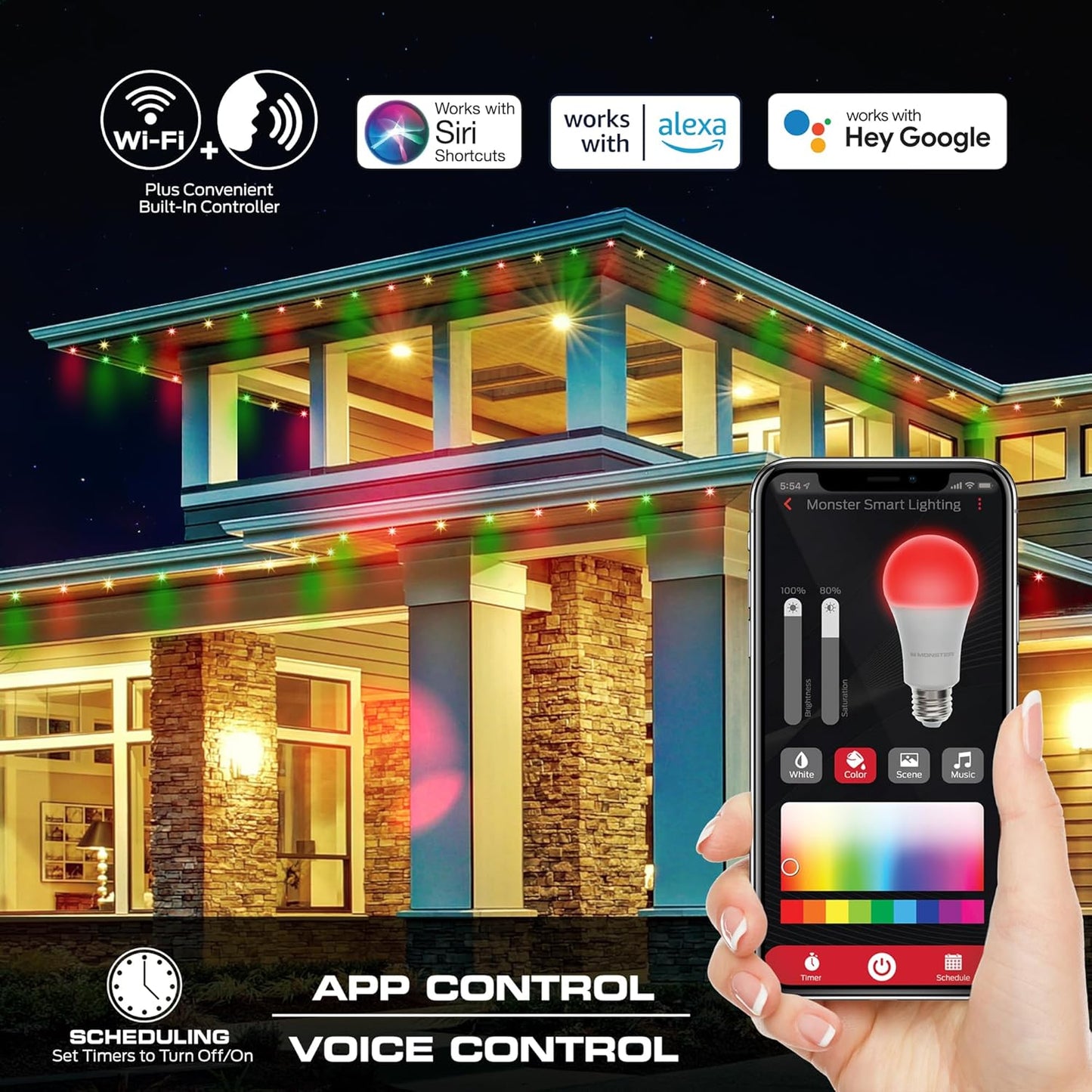 Monster Smart Permanent Outdoor Lights, 150ft, 108 LED Eaves Lights, RGB+IC+WW, Weather & Water Resistant, App & Voice Control, Compatible with Alexa & Google, Halloween, Christmas, Year-Round