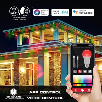 Monster Smart Permanent Outdoor Lights, 100ft, 72 LED Eaves Lights, RGB+IC+WW, Weather & Water Resistant, App & Voice Control, Compatible with Alexa and Google, for Halloween, Christmas & Year-Round