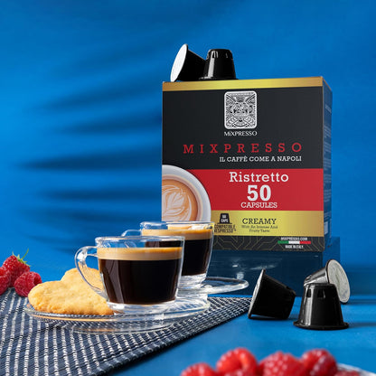 Mixpresso Koffie Ristretto Espresso Kapsules Versoenbaar Met Nespresso Oorspronklike Brouers, Enkel Koppie Koffie Peule 100% uit Italië Donkerbraai 80% Arabica Espresso, 50 Stuk Koffie Kapsule Intensiteit 12/12