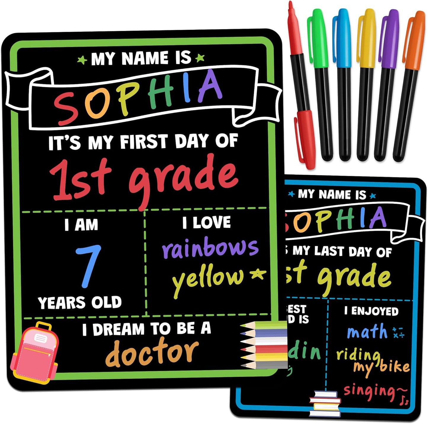 School Sign Board w/ Liquid Chalk Markers - 14x11” Double-Sided & Reusable - My First and Last Day - Back to School Supplies Board
