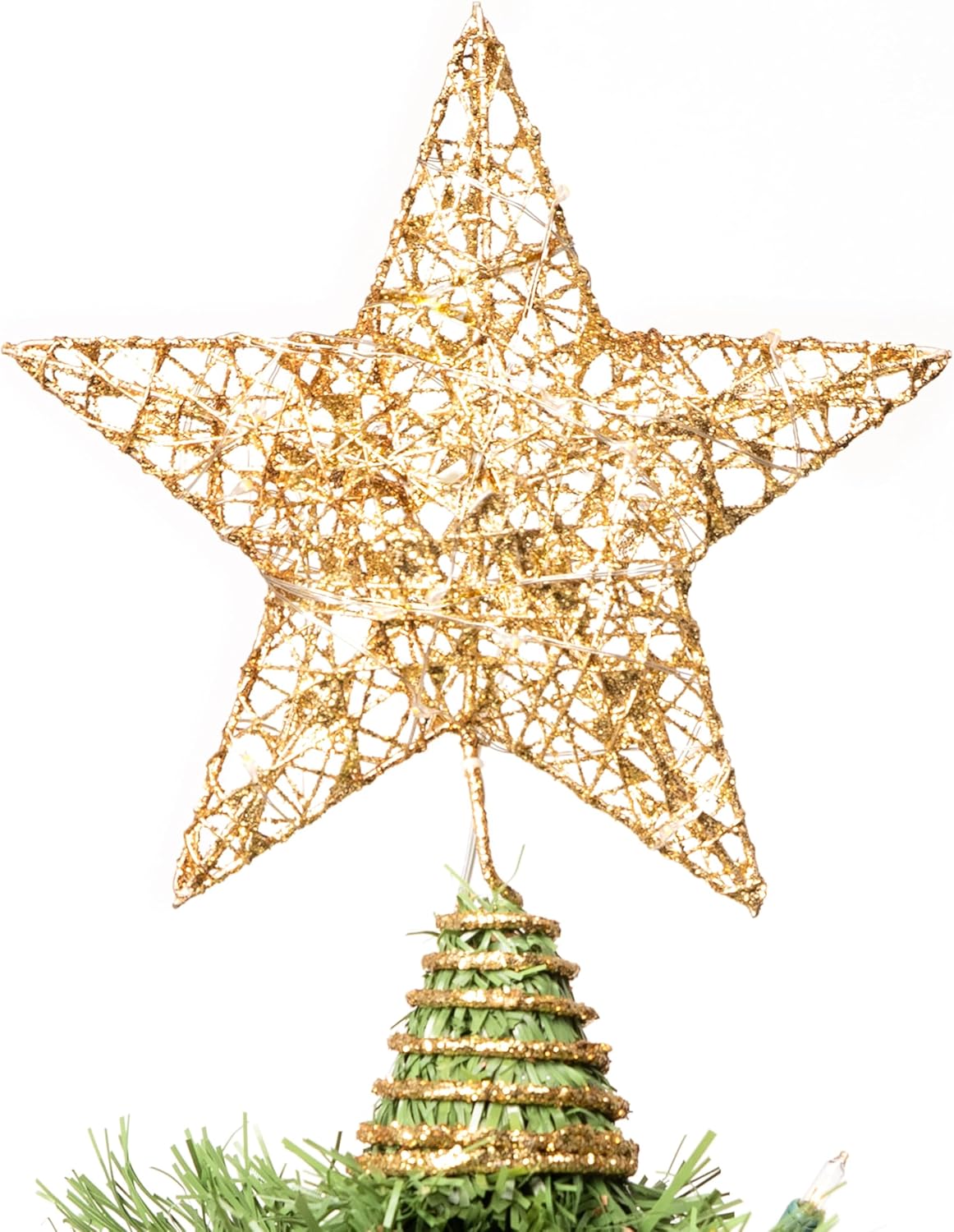 8" Kersfees Goue Glitters Ster Boomtoppe Metaal Verlig met 20 LED-ligte Versierings
