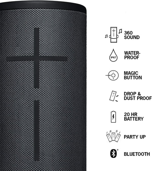 Ultimate Ears MEGABOOM 3 Draagbare Koordlose Bluetooth-luidspreker (Kragtige Klank + Dreunende Bas, Bluetooth, Magiese Knoppie, Waterdig, Battery 20 Uur) - Nagswart, Groot