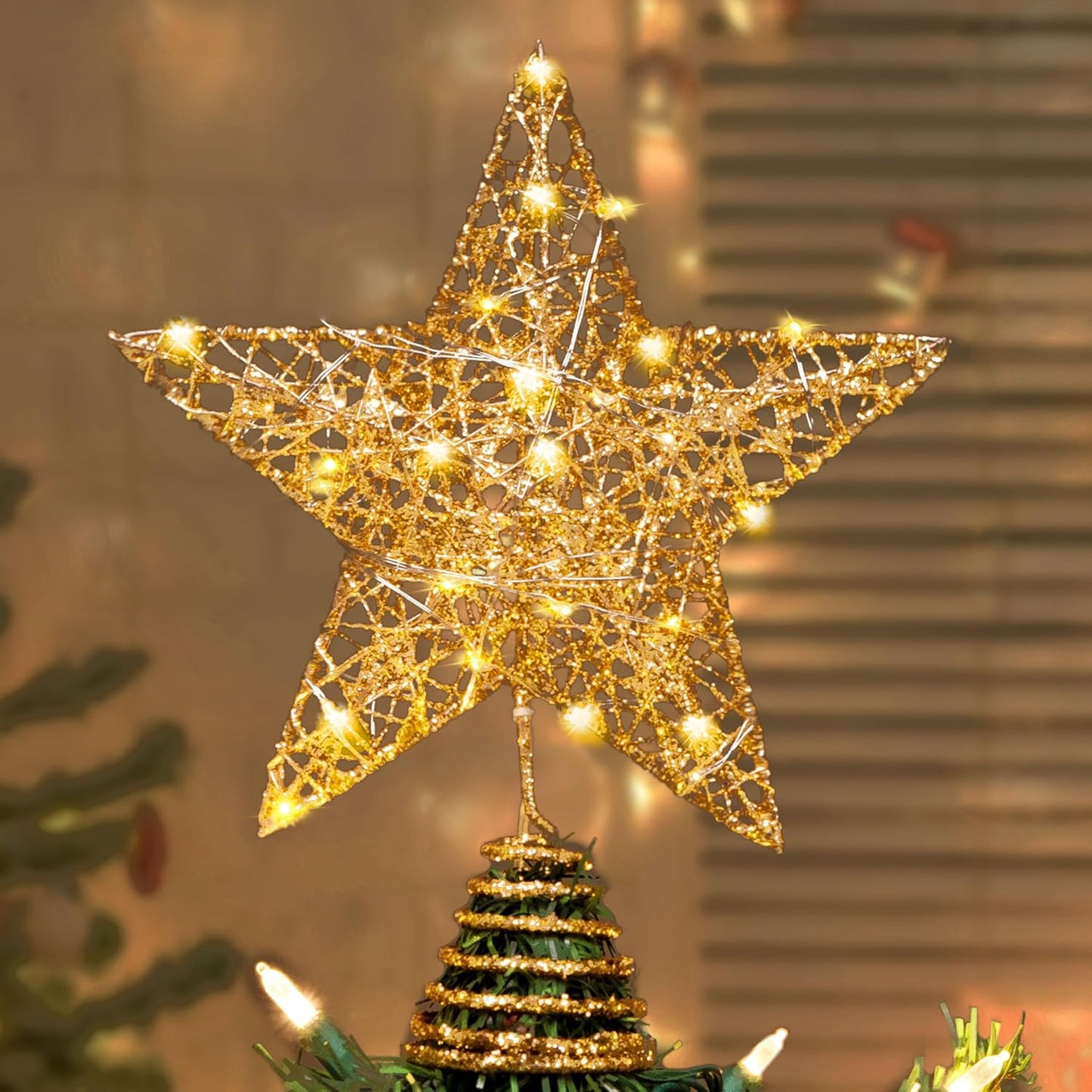 8" Kersfees Goue Glitters Ster Boomtoppe Metaal Verlig met 20 LED-ligte Versierings