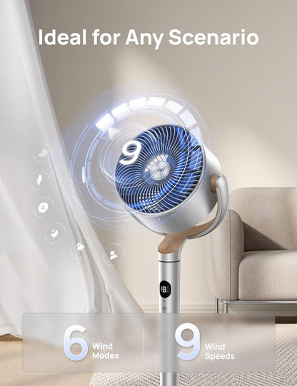 Slim Ossillerende Waaier 120° Omnirigting, 27m Stil Voetstuk m/ RGB Lig, 9 Spoede, 6 Modusse 8H Tydhouer, Wi-Fi/Stem, 94-107cm - Silwer