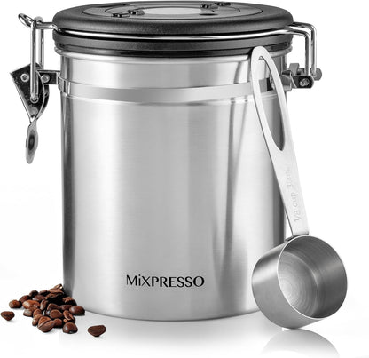 Mixpresso 16 Oz Koffiekanister met Lepel, Roesvrye Staal Lugdigte Koffiehouer, Lugdigte Fles Teebergplek met Datumspoorder, Vakuumverseëlde Espresso Lugdigte Kanister, Suikerhouer vir Huis