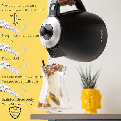 Mixpresso elektriese ketel met temperatuurbeheer, warmwaterketel elektries, koordloos, 1 liter-kapasiteit, hou warm- en LED-aanwyser, outomatiese afskakeling, droogkookbeskerming, swart elektriese ketel