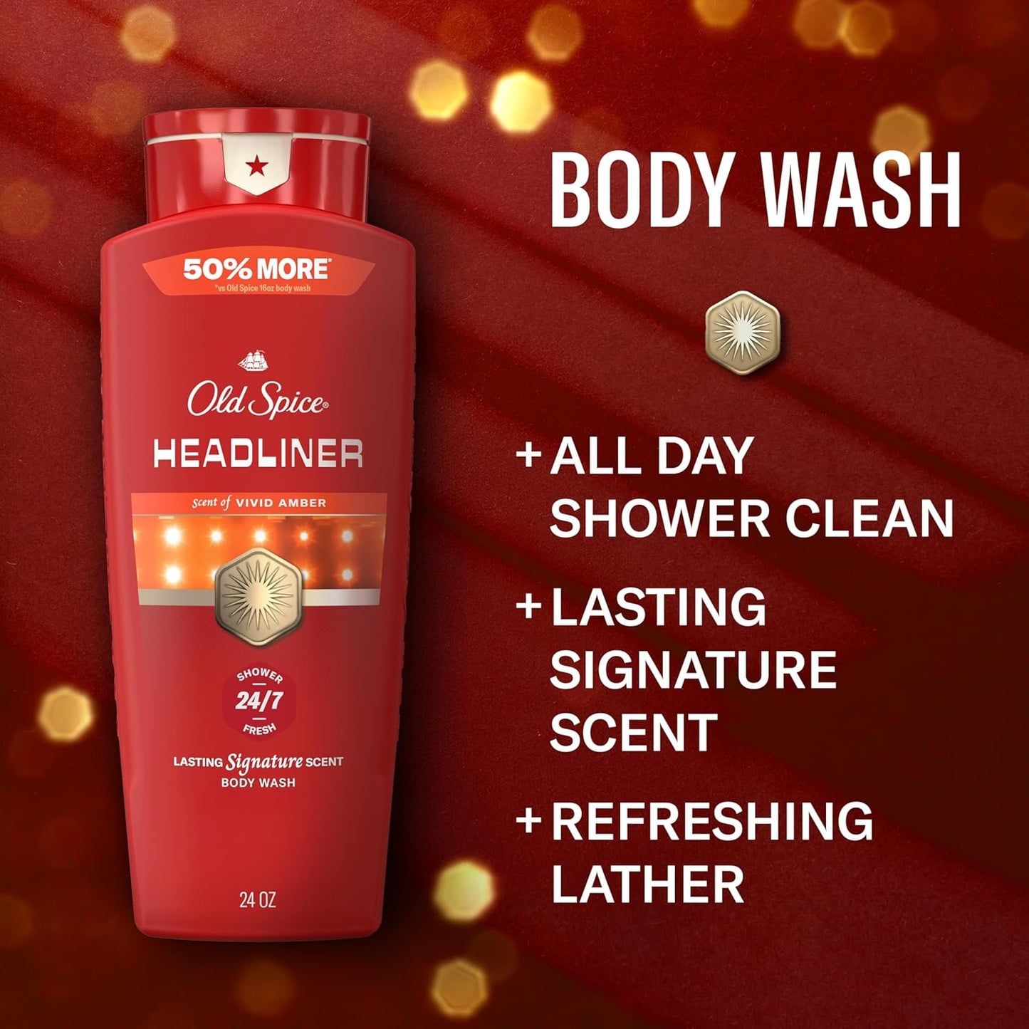 Old Spice Body Wash for Men, 24/7 Shower Fresh & Clean with Daily Use, Lasting Signature Scent - Headliner w/ Vivid Amber Scent (Pack of 2)