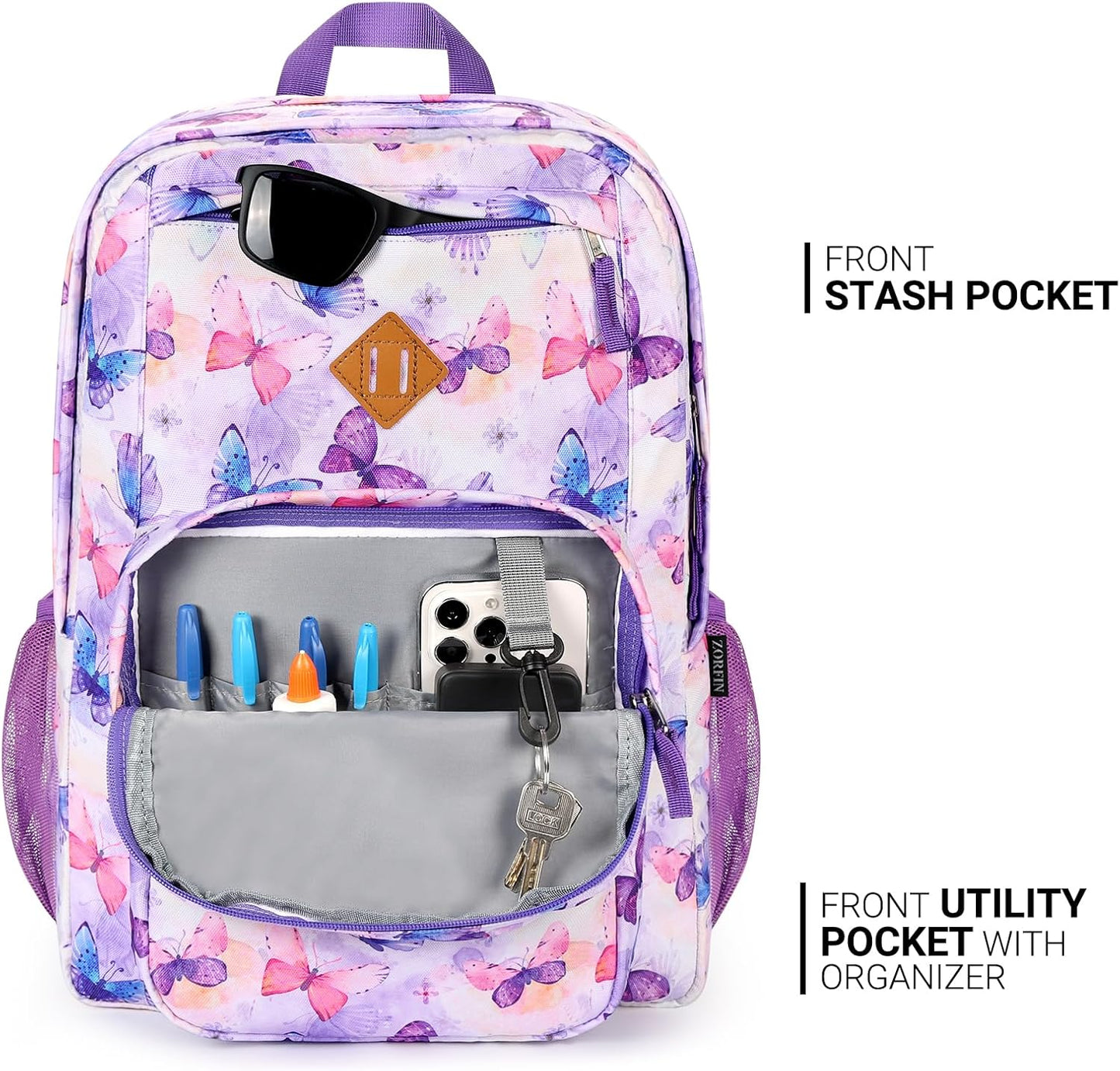 26L Backpack for School, College, and Travel: Water Resistant Bookbag with 8 Compartments - Butterfly Purple