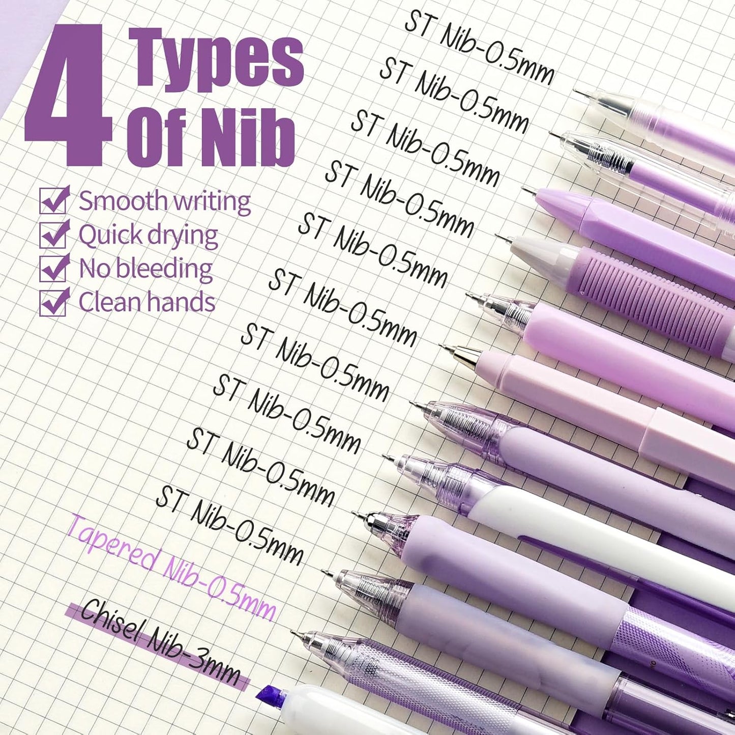 Lavender Series Gel Pens, Black & Purple Ink Writing Pens with 0.5 mm Smooth Fine Point, School Office Stationery Supplies Desk Accessories Gifts for Women, Set of 12