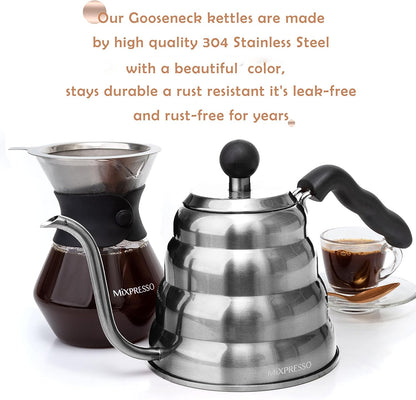 Mixpresso Swaanhals-Skinkketel, Barista-skinkbeheerontwerp, Ideaal vir Koffie en Tee, Hoëgraadse Vlekvrye Staal 1.2 Liter 40 Oz, Induksie Stoofplaat Ketel Vlekvrye Staal