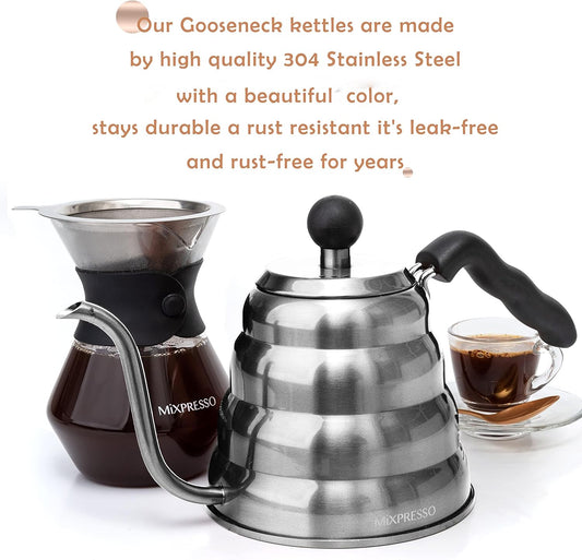 Mixpresso Swaanhals-Skinkketel, Barista-skinkbeheerontwerp, Ideaal vir Koffie en Tee, Hoëgraadse Vlekvrye Staal 1.2 Liter 40 Oz, Induksie Stoofplaat Ketel Vlekvrye Staal